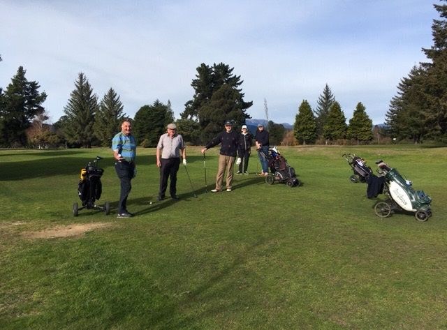 June 2019 - Greenacres Golf Club - Tony Elliot retrieving his ball from team Perry Hoby, Michael Sheehy, Frances Taylor and Jerry Goulter

